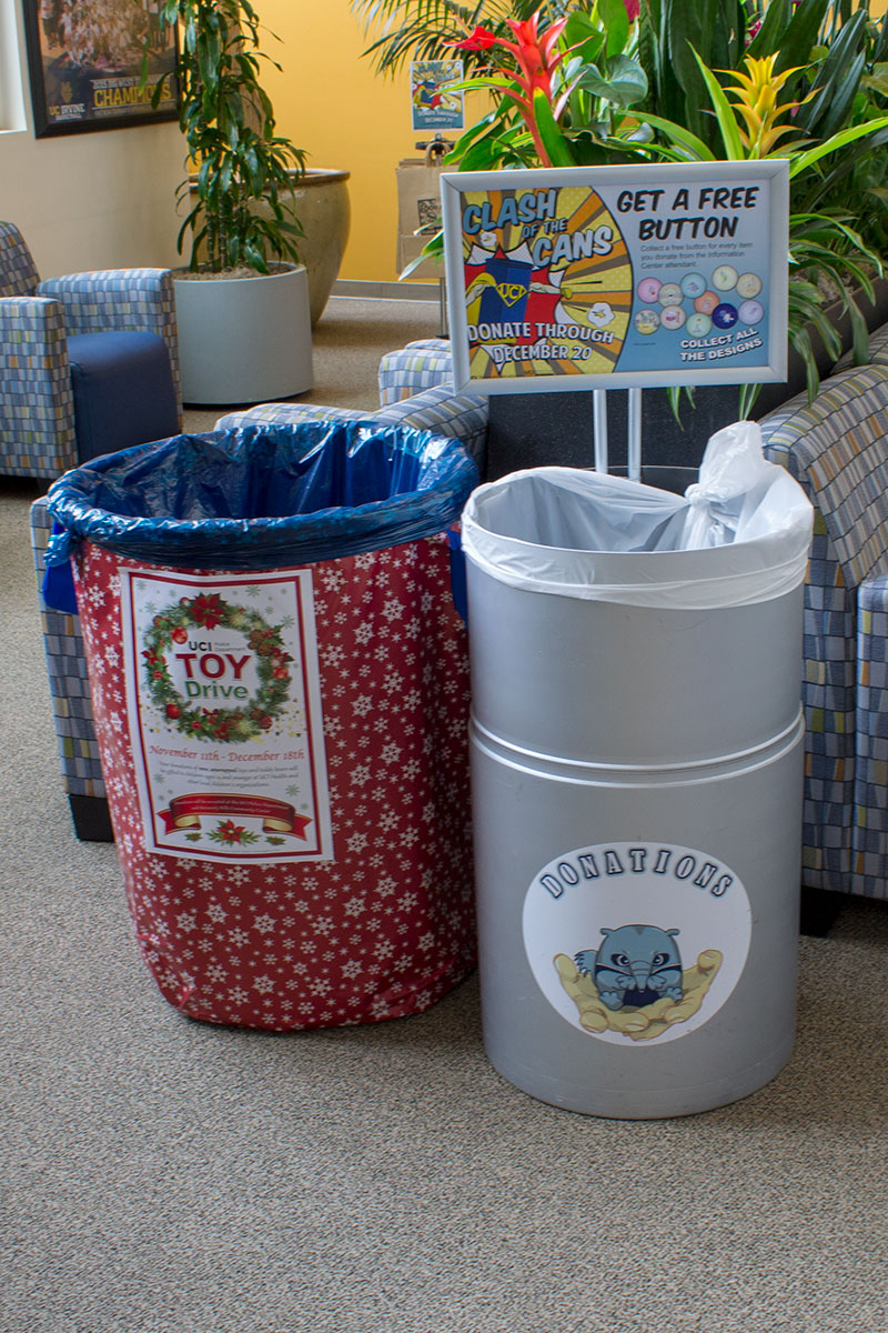 Donation bins for the food and toy drive